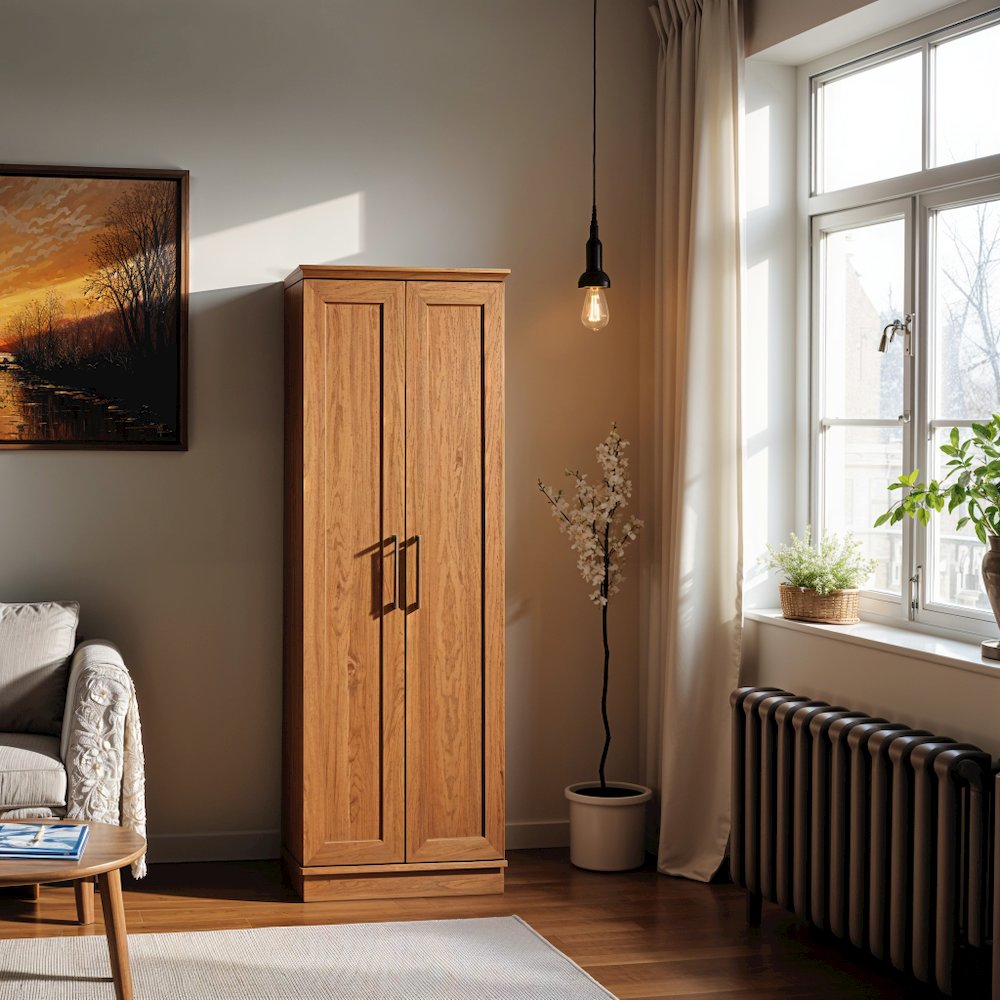 Brown Storage Cabinet with Doors and Shelves for Home Organization. Picture 3