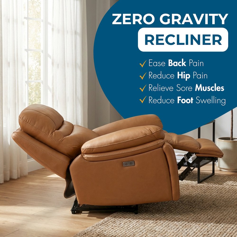 Leather Power Recliner Chair, Top Grain Upholstery, USB & USB-C, 360 lb Support. Picture 6