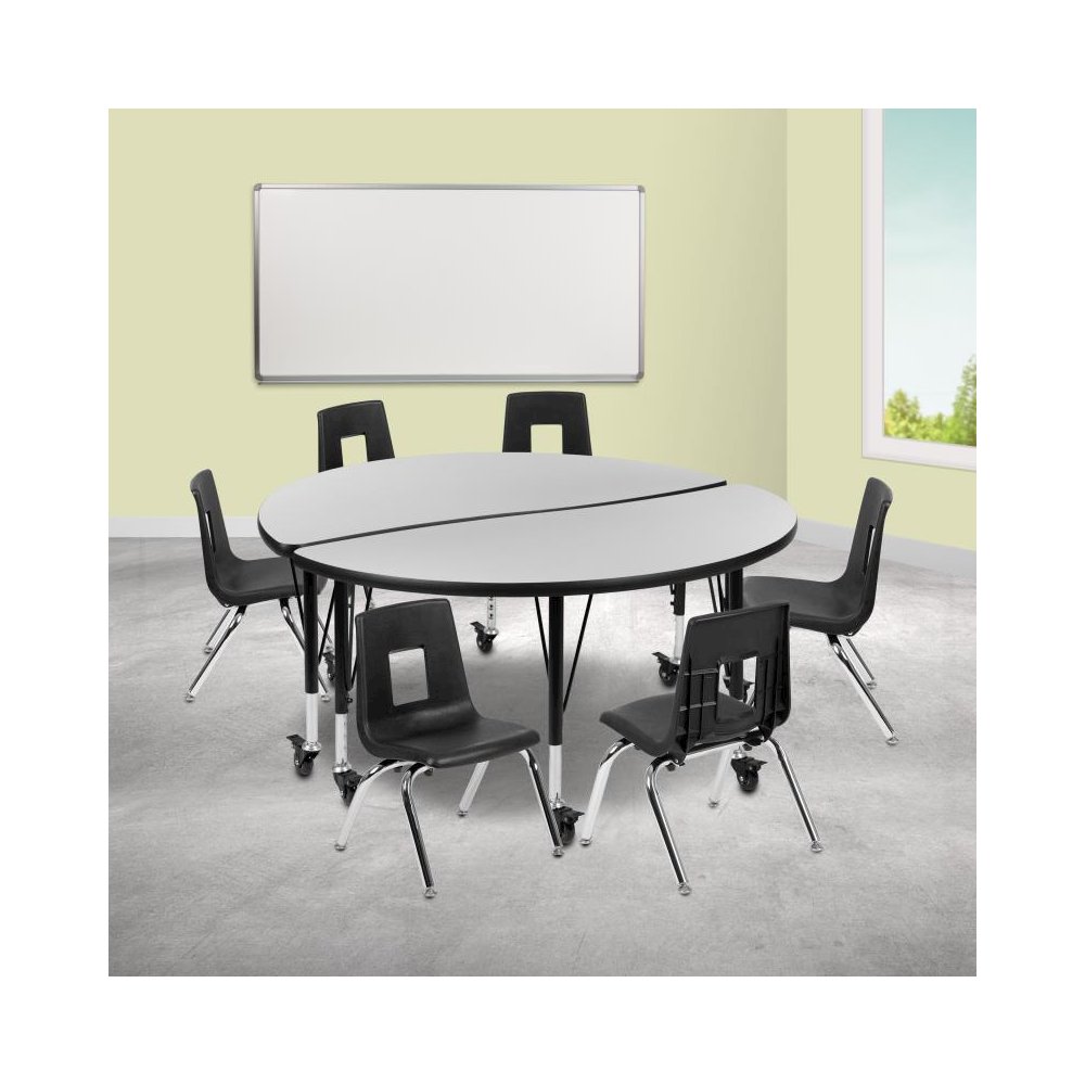 47.5" Circle Wave Flexible Laminate Activity Table Set with 14" Student Stack Chairs, Grey/Black. Picture 2