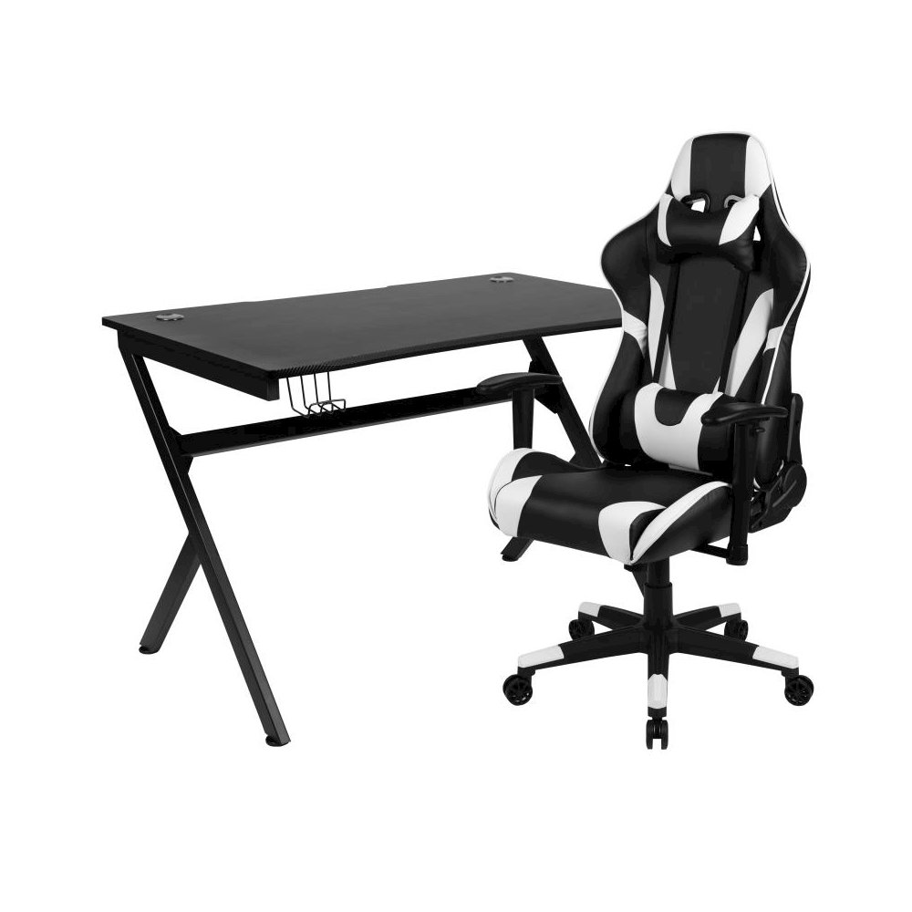Black Gaming Desk and Black Reclining Gaming Chair Set with Cup Holder, Headphone Hook & 2 Wire Management Holes. Picture 1