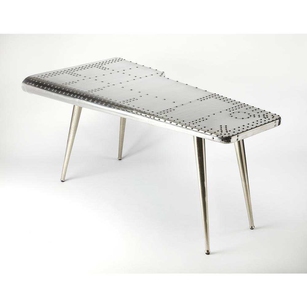 Silver Aviation-Style Desk with Aluminum Finish and Durable Steel Frame. Picture 2