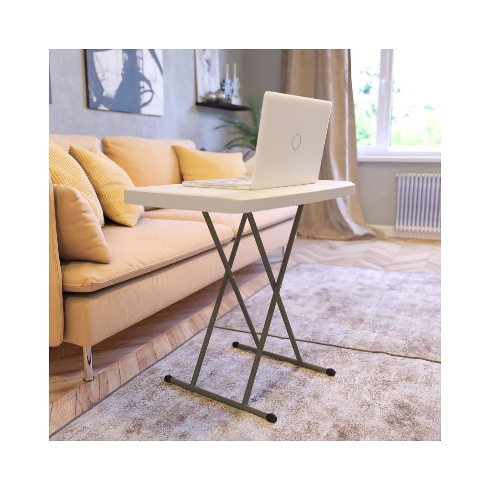 30 Inch Granite White Indoor/Outdoor Plastic Folding Table, Adjustable Height Commercial Grade Side Table, Laptop Table, TV Tray. Picture 2