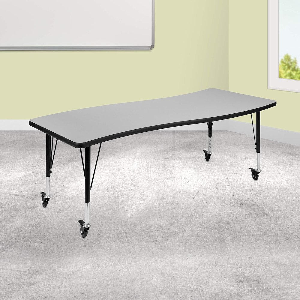 Mobile 26"W x 60"L Rectangular Wave Flexible Collaborative Grey Thermal Laminate Activity Table - Height Adjustable Short Legs. Picture 2
