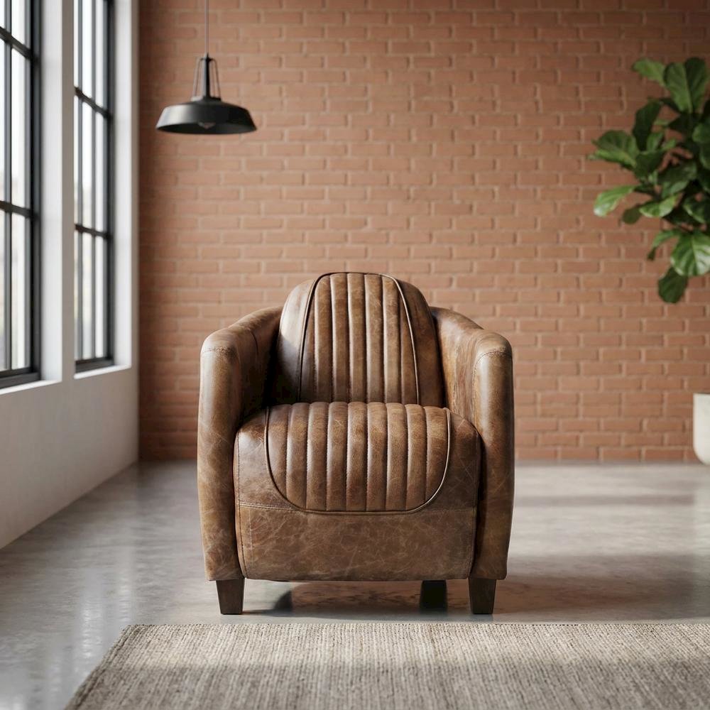 Industrial Armchair with Retro Brown Leather & Aluminum Frame. Picture 3