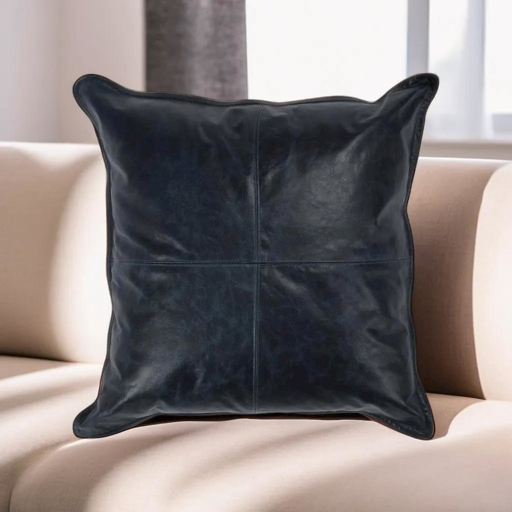 Cheyenne 100% Leather 22" Throw Pillow in Blue. Picture 6