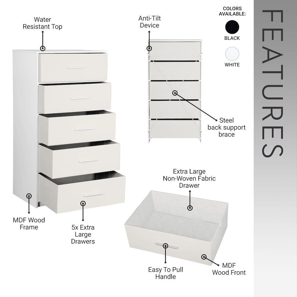 5-Drawer Dresser with Large Fabric Drawers, White. Picture 10