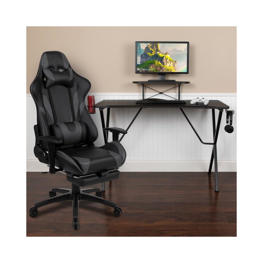 Black Gaming Desk with Cup Holder/Headphone Hook and Monitor/Smartphone Stand & Gray Reclining Gaming Chair with Footrest. Picture 2