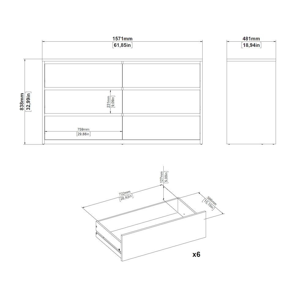 Next 6 Drawer Double Dresser, Jackson Hickory/White High Gloss. Picture 12