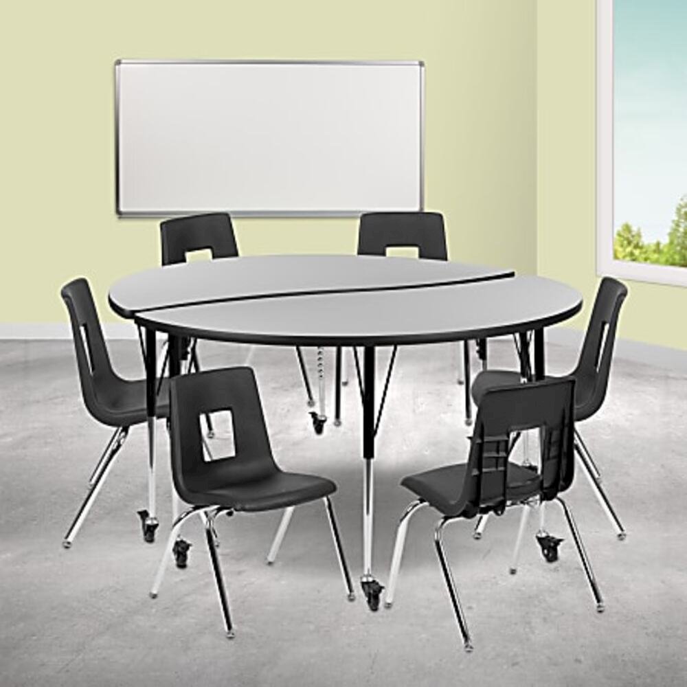 Mobile 60" Circle Wave Flexible Laminate Activity Table Set with 12" Student Stack Chairs, Grey/Black. Picture 1