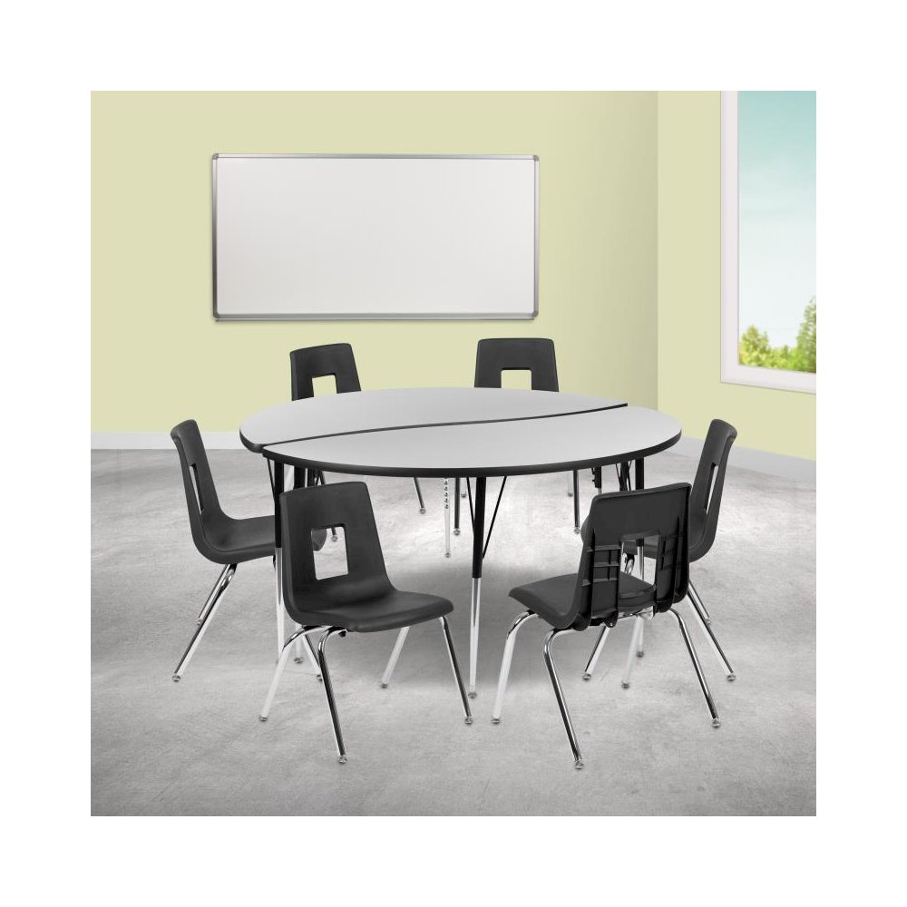 60" Circle Wave Flexible Laminate Activity Table Set with 18" Student Stack Chairs, Grey/Black. Picture 2