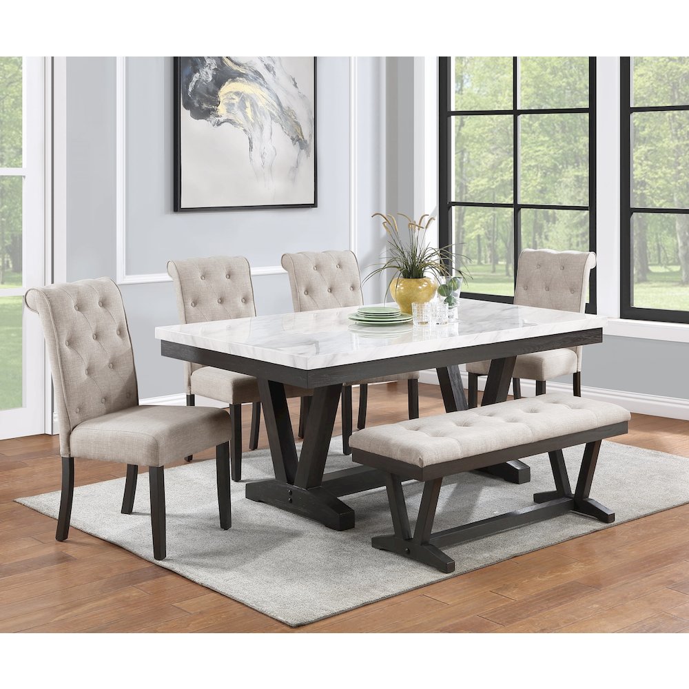 6 pc Dining set Faux Marble Wrap Table set with Beige Linen Chairs and one bench. Picture 2