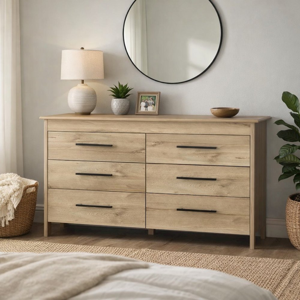HMS 6 Drawer Double Dresser Light Oak / White MDF. Picture 2