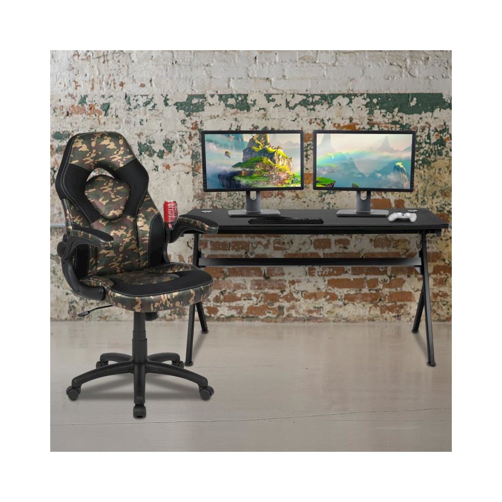 Gaming Desk and Camouflage/Black Racing Chair Set /Cup Holder/Headphone Hook/Removable Mouse Pad Top - 2 Wire Management Holes. Picture 2