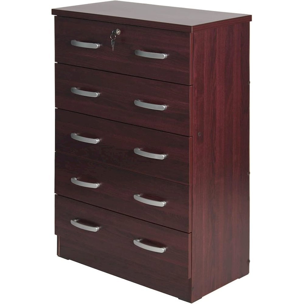 Better Home Products Cindy 5 Drawer Chest Wooden Dresser with Lock in Mahogany. Picture 2