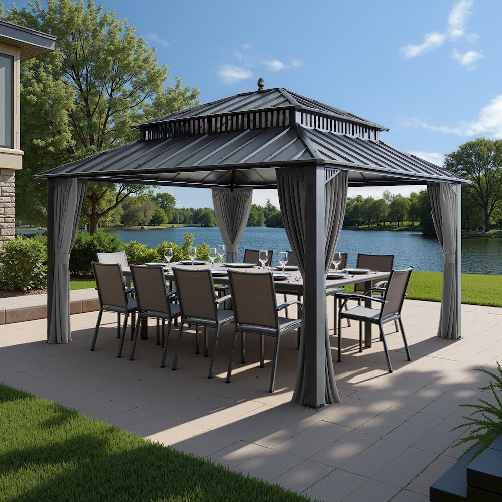 14 ft x 12 ft Aluminum Frame Steel Double Roof Hardtop Rectangular Gazebo, Grey. Picture 5