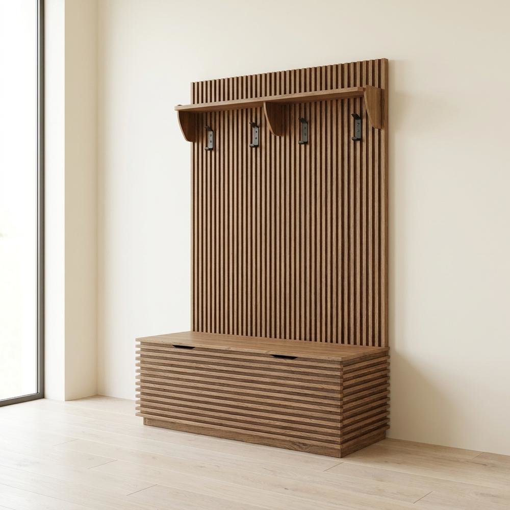 Fluted Hall Tree with Storage Bench, Coat Rack & Shoe Storage, Entryway, Walnut. Picture 3
