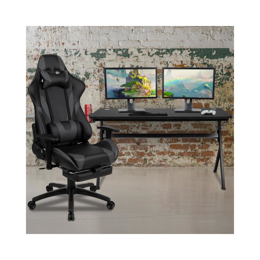 Gaming Desk and Gray Footrest Reclining Gaming Chair Set - Cup Holder/Headphone Hook/Removable Mouse Pad Top/Wire Management. Picture 2