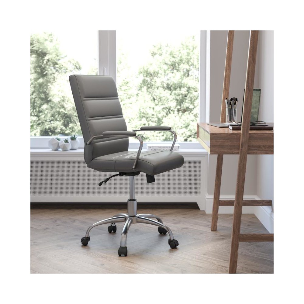 Mid-Back Gray LeatherSoft Executive Swivel Office Chair with Chrome Frame and Arms. Picture 2