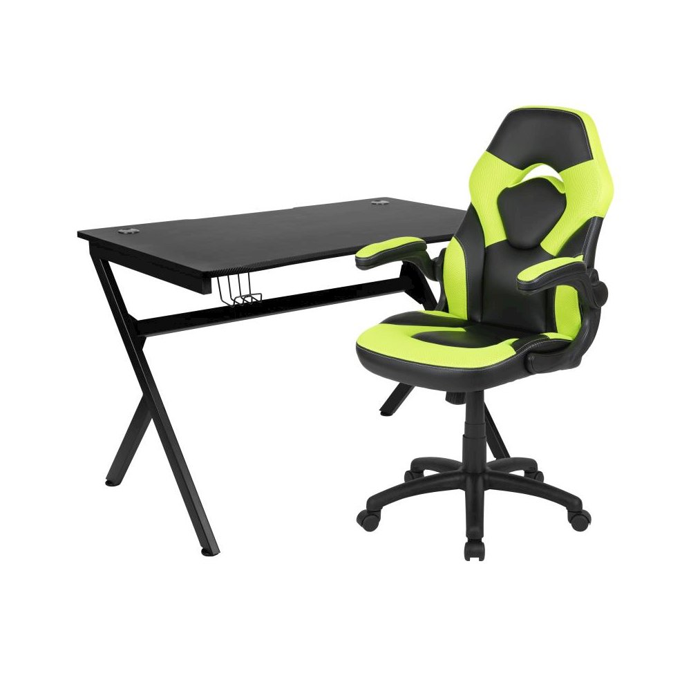 Black Gaming Desk and Green/Black Racing Chair Set with Cup Holder, Headphone Hook & 2 Wire Management Holes. Picture 1