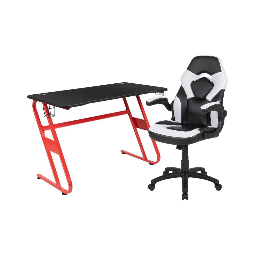 Red Gaming Desk and White/Black Racing Chair Set with Cup Holder and Headphone Hook. Picture 1
