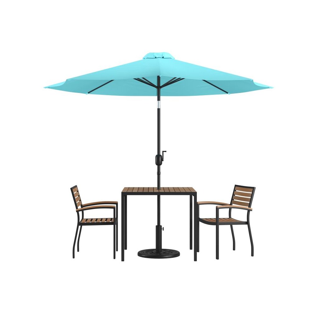 5 Piece Outdoor Patio Dining Table Set with 2 Synthetic Teak Stackable Chairs, 36" Square Table, Teal Umbrella & Base. Picture 1