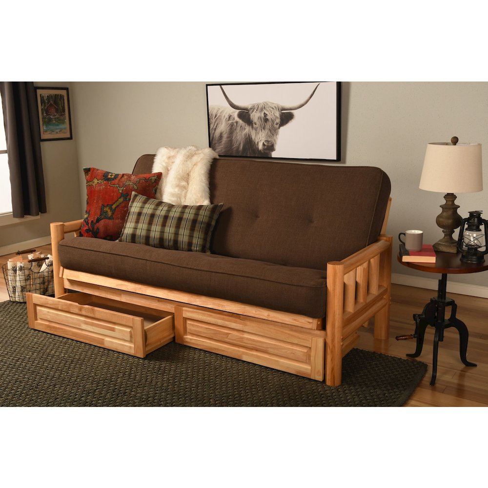 Lodge Frame-Natural Finish-Linen Cocoa Mattress-Storage Drawers. Picture 1