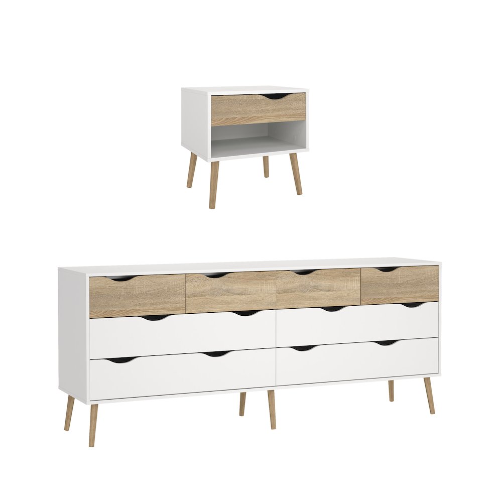 Diana 2-Piece Bedroom Set - 8 Drawer Double Dresser and Nightstand, White/Oak. Picture 1