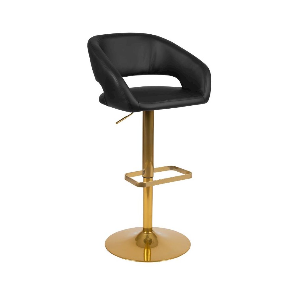 Contemporary Black Vinyl Adjustable Height Barstool with Rounded Mid-Back and Gold Base. Picture 1