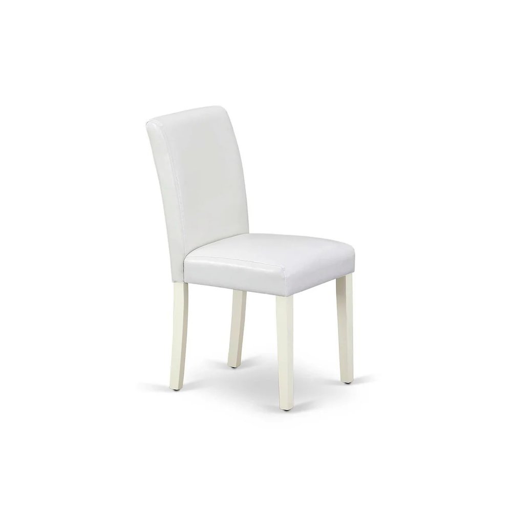 5 Piece Dining Room Table Set Includes a Round Kitchen Table with Pedestal and 4 White Faux Leather Upholstered Parson Chairs, Linen White. Picture 9