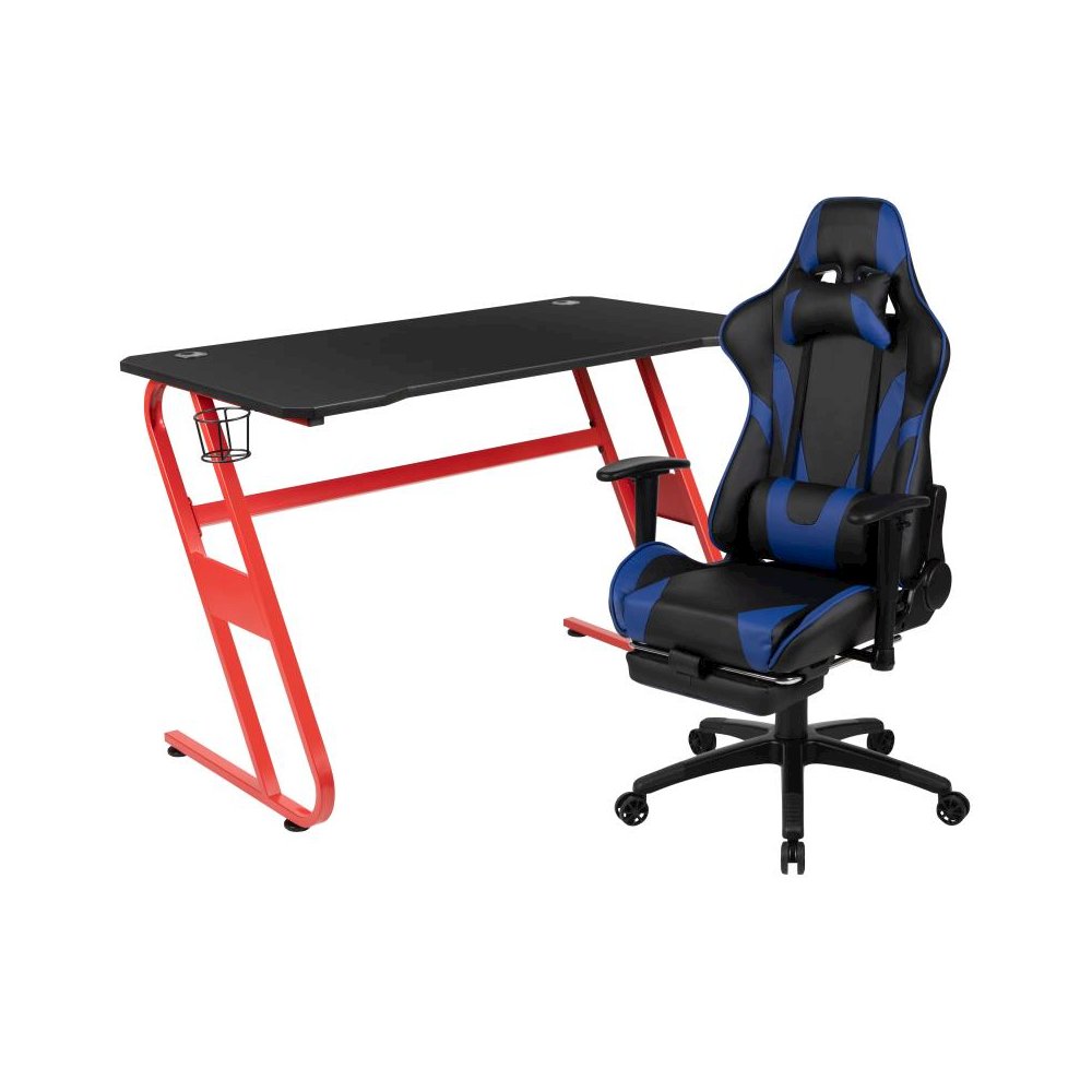 Red Gaming Desk with Cup Holder/Headphone Hook & Blue Reclining Gaming Chair with Footrest. Picture 1
