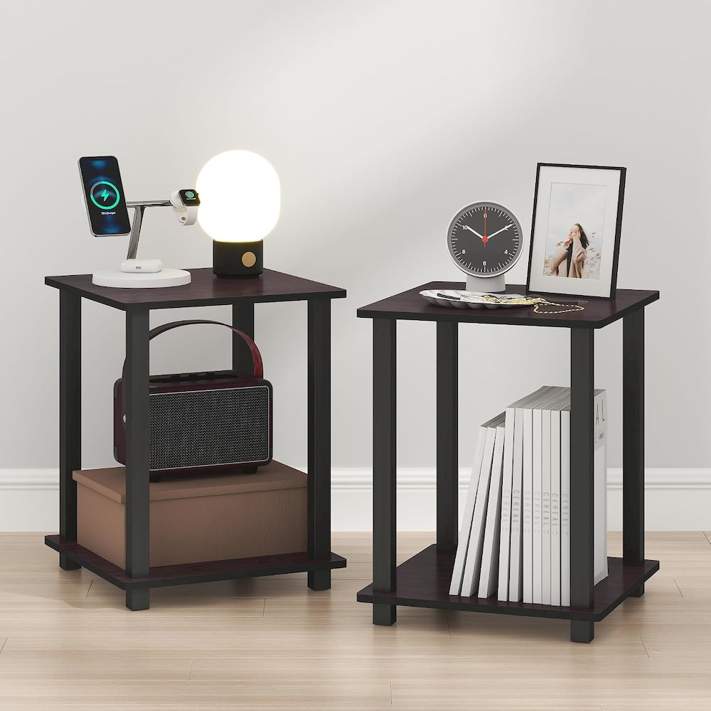 SIMPLISTIC Night Stand Set of 2, 2-Tier, Easy Assembly, Dark Walnut. Picture 2