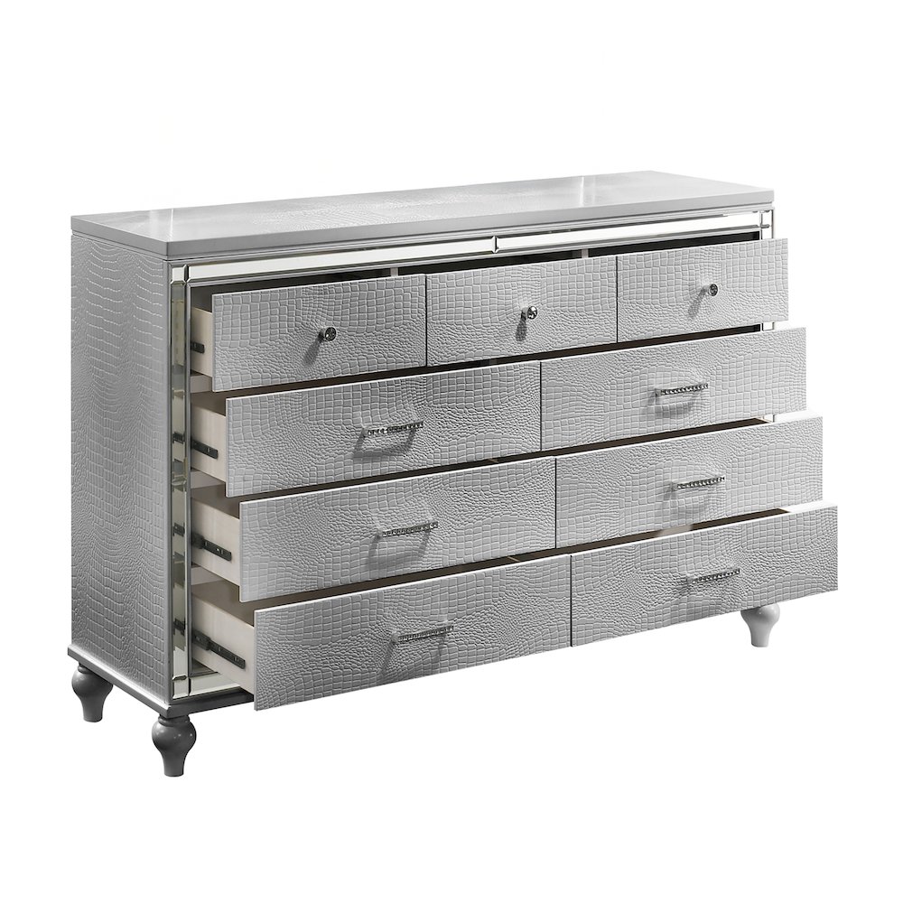 Furniture Valentine Solid Wood Dresser with 9 Drawers in Silver. Picture 5