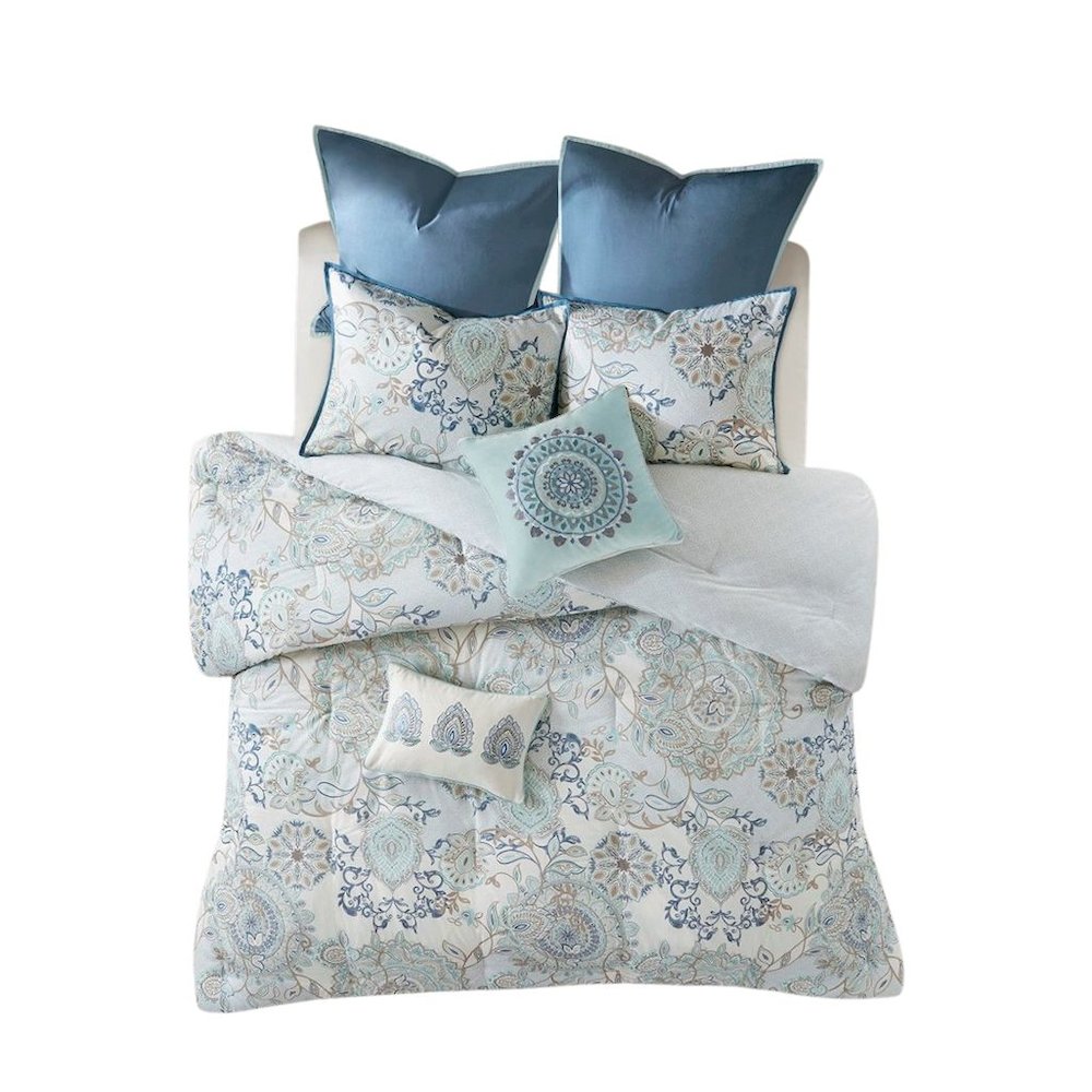 8 Piece Queen Size Comforter Set, Cotton Reversible Comforter, Floral Design. Picture 1
