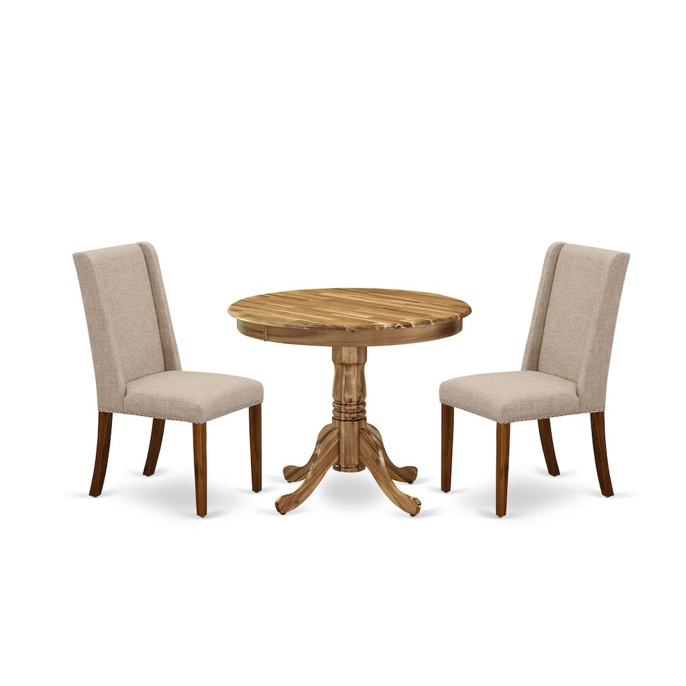 3 Piece Kitchen Table Set Contains a Round Dining Room Table with Pedestal and 2 Light Tan Linen Fabric Upholstered Chairs, 36x36 Inch, Natural. Picture 1