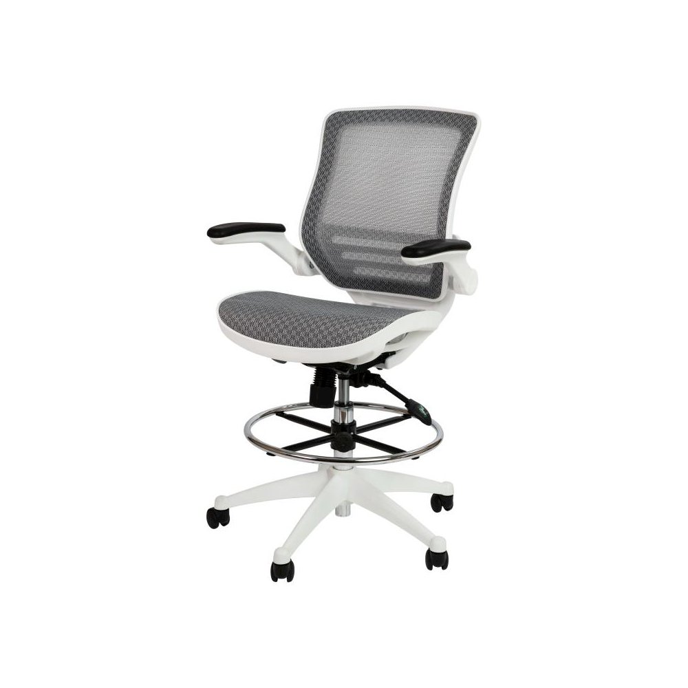 Mid-Back Transparent Gray Mesh Drafting Chair with White Frame and Flip-Up Arms. Picture 1
