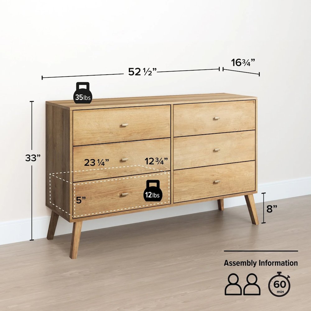 Milo 6-Drawer Wide Dresser Natural Oak Engineered Wood for Bedroom. Picture 8