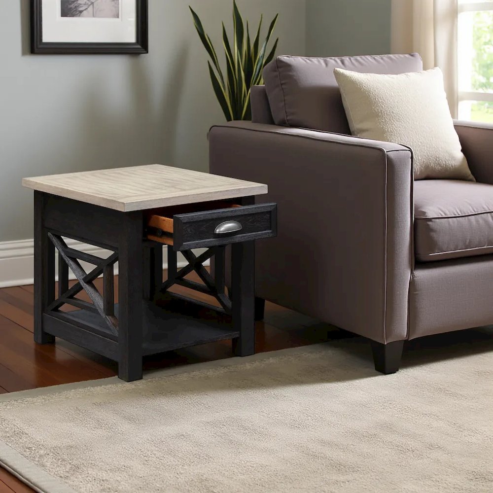 Black Farmhouse End Table – Square Side Table for Living Room with Drawer. Picture 4