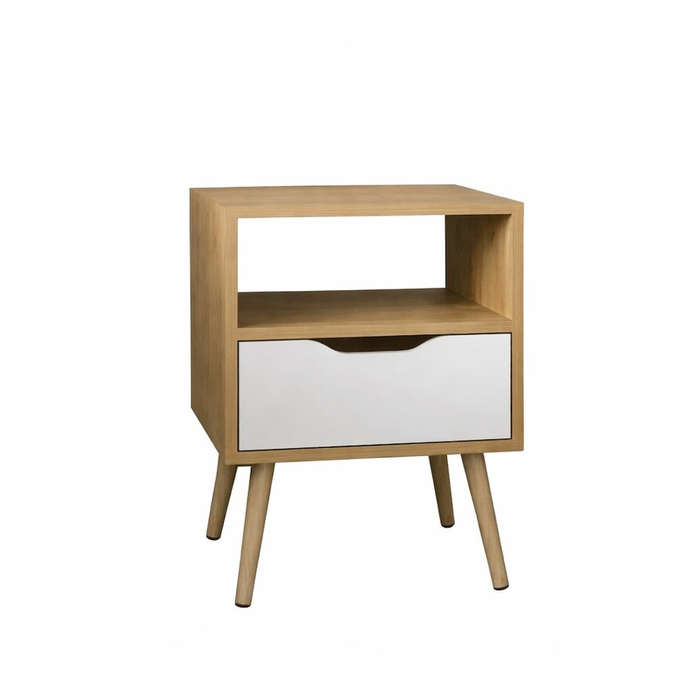 Wenden 21" High Nightstand, One Drawer, One Open Shelf, Natural Oak, White. Picture 1