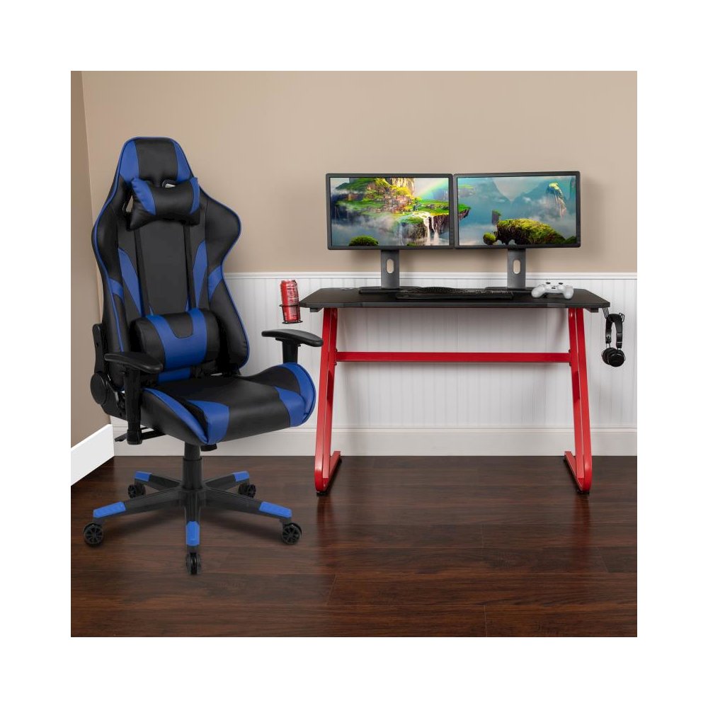 Red Gaming Desk and Blue Reclining Gaming Chair Set with Cup Holder and Headphone Hook. Picture 2