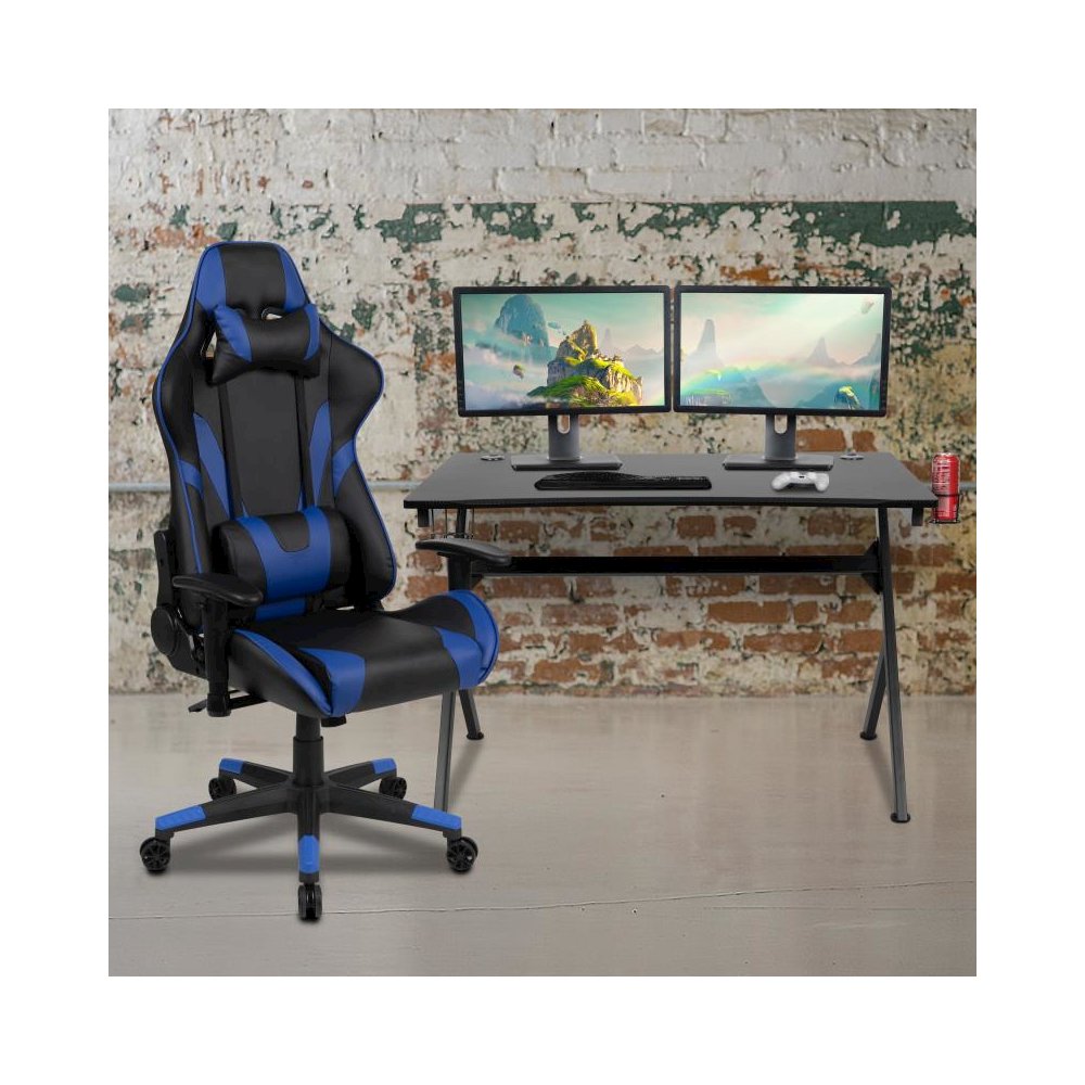 Black Gaming Desk and Blue/Black Reclining Gaming Chair Set with Cup Holder, Headphone Hook & 2 Wire Management Holes. Picture 2