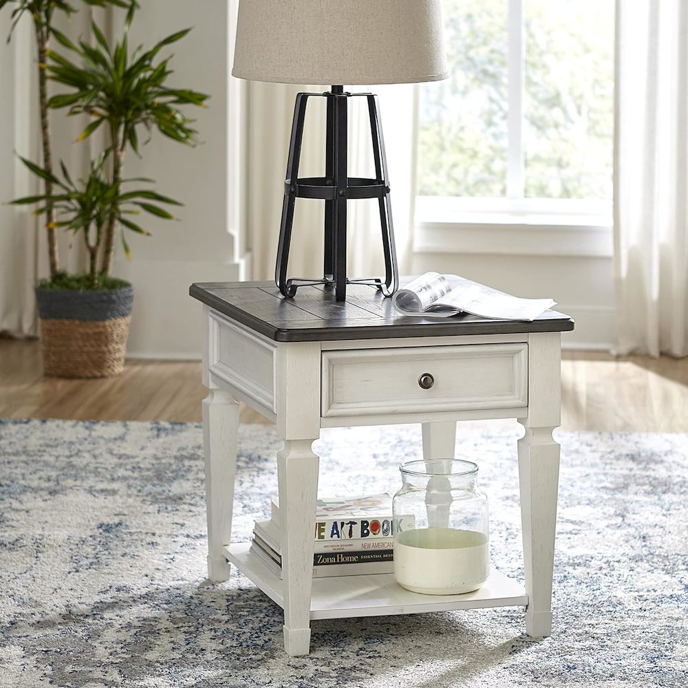 Allyson Park Drawer End Table in Wirebrushed White w/ Charcoal Top. Picture 2