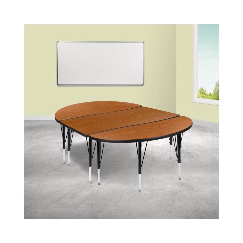 3 Piece 76" Oval Wave Flexible Oak Thermal Laminate Activity Table Set - Height Adjustable Short Legs. Picture 2