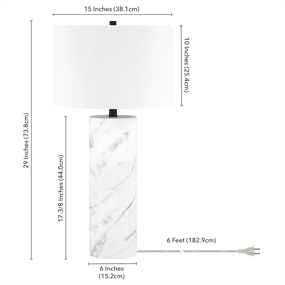 Elise 30"" Tall Table Lamp with Fabric Shade in Marble/Black/White. Picture 2