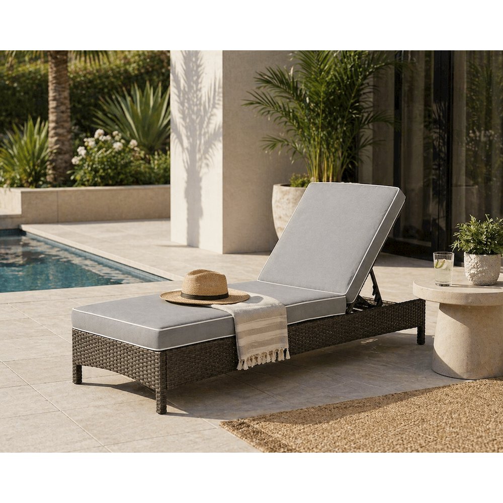 Gray/Brown Outdoor Wicker Chaise Lounge with Weather-Resistant Frame. Picture 5