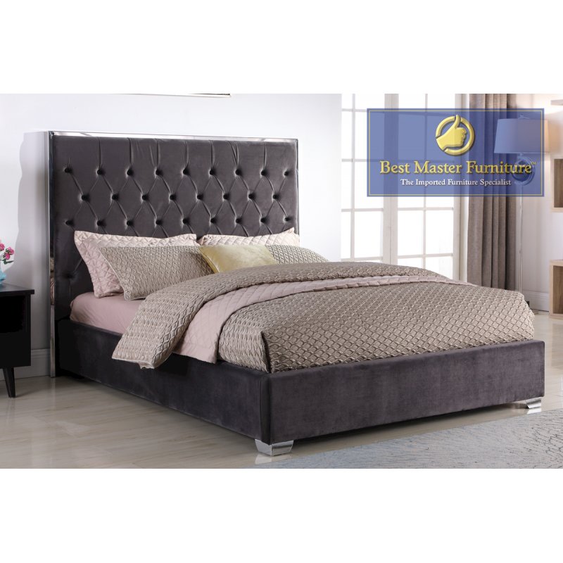 Best Master Kressa Velour Fabric Tufted Cali King Platform Bed in Dark Gray. Picture 2