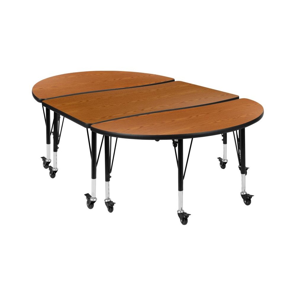 3 Piece Mobile 76" Oval Wave Flexible Oak Thermal Laminate Activity Table Set - Height Adjustable Short Legs. Picture 1