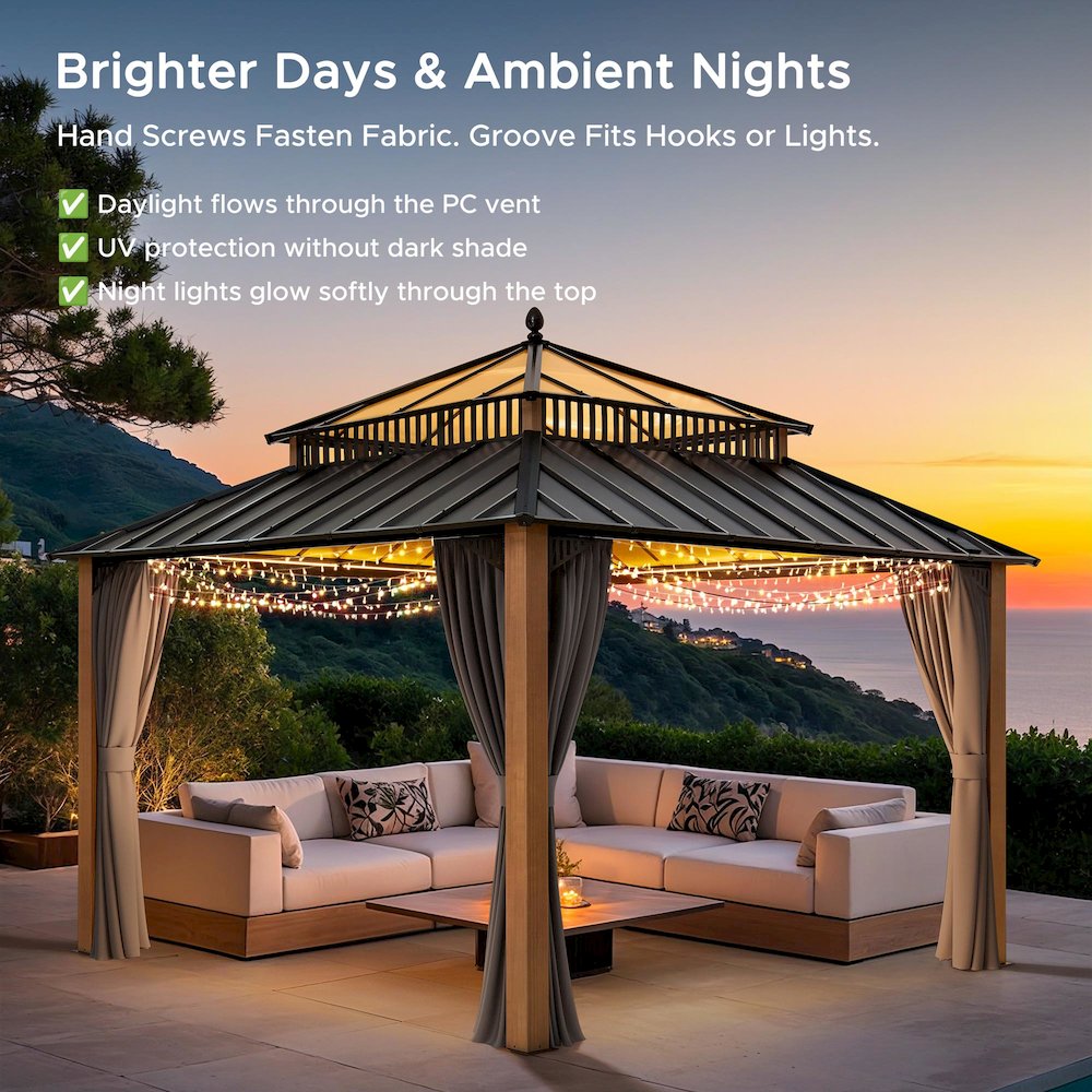 12 ft x 12 ft Kingston Hardtop Gazebo with PC Roof, Brown Aluminum Frame. Picture 3