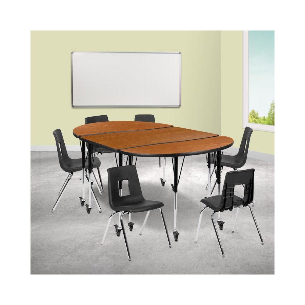 76" Oval Wave Flexible Laminate Activity Table Set with 18" Student Stack Chairs, Oak/Black. Picture 2