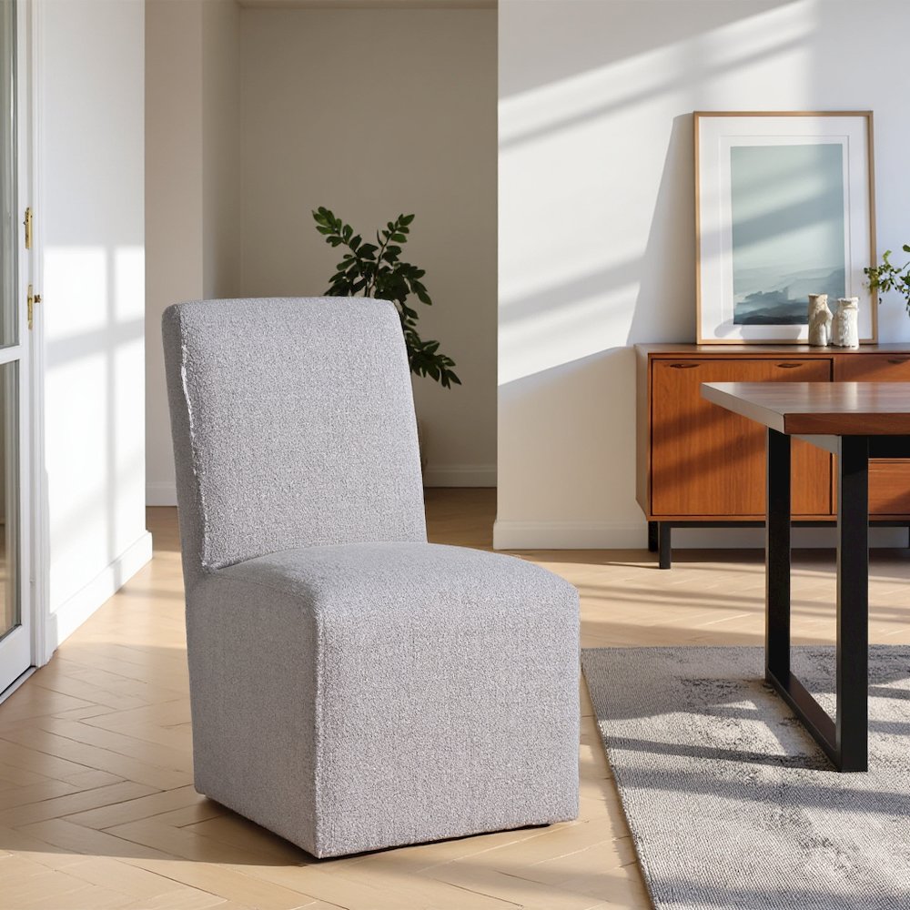 Gray Upholstered Dining Chairs Set of 2 with Solid Wood and Casters. Picture 8