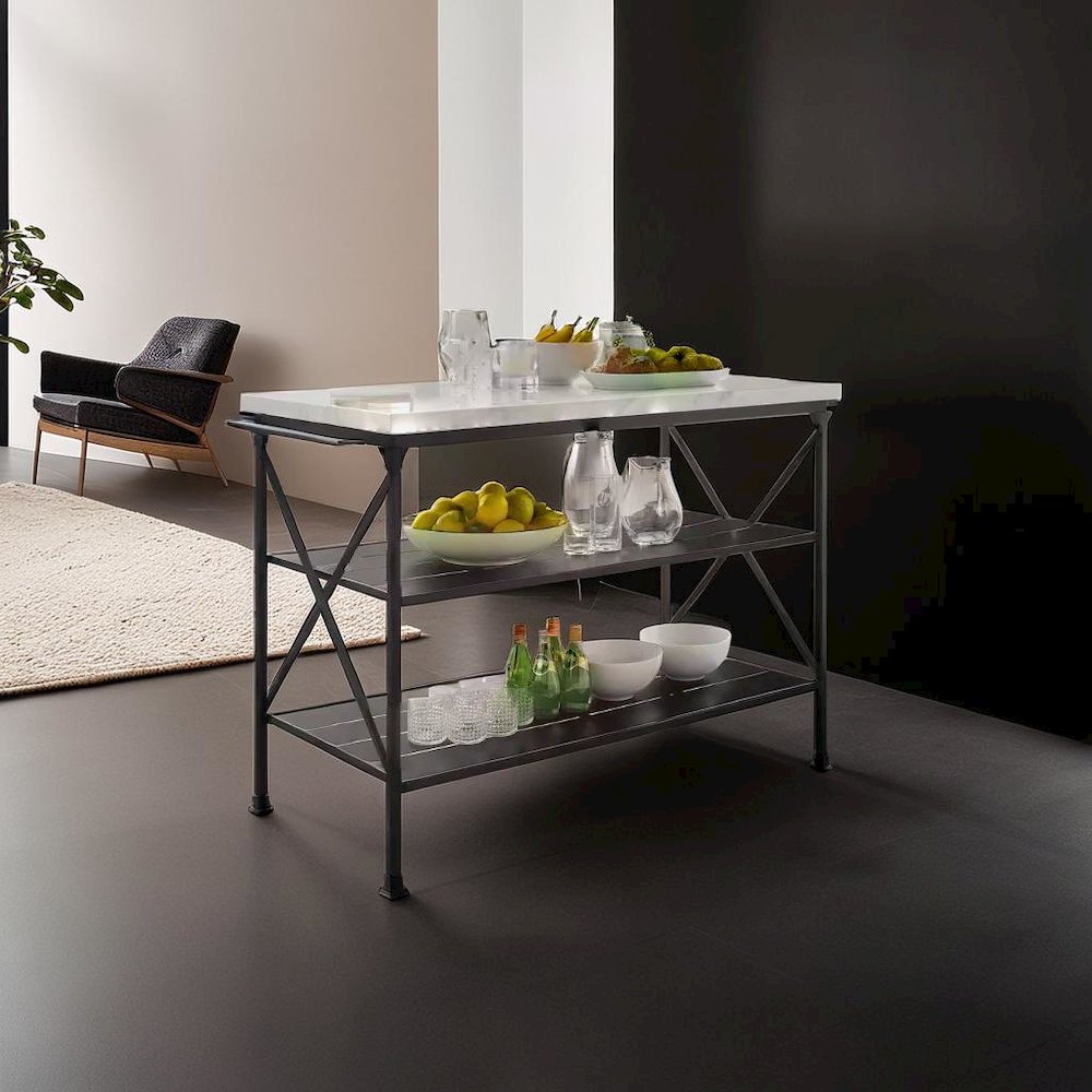 Elegant White Marble Kitchen Island with Sturdy Matte Black Steel Base. Picture 5